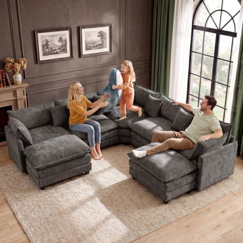 110" Modular Sectional Cloud Sofa Couch V Shape with 2 Ottoman, Grey | 3 Layer Cushion, 6 Washable Pillows, 29" Deep Seat, Chenille Fabric, for Living Room Apartment - color: Grey, size: 110"V-2