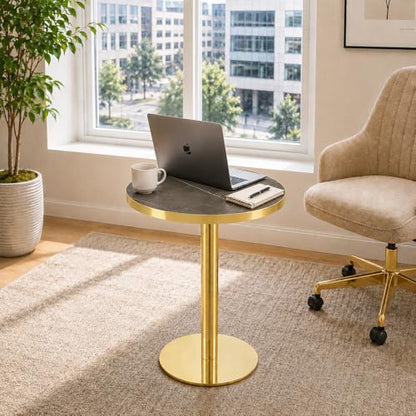 TesNus 23.6" Small Round Dining Table for 2, Circle Tulip Table, Faux Marble Top with Gold Metal Pedestal Base, Modern Leisure Coffee Table for Small Spaces, Cafe, Office, Gray&Gold - color: Gray Top&gold Base