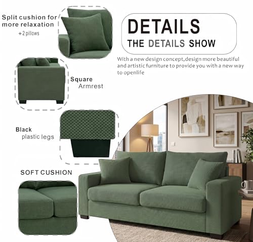 Two-Seater Sofa with Textured Fabric, Dark Green - Comfortable Upholstered Couch with 2 Throw Pillows and Sturdy Plastic Legs for Living Room, Apartment, Office - color: Dark Green