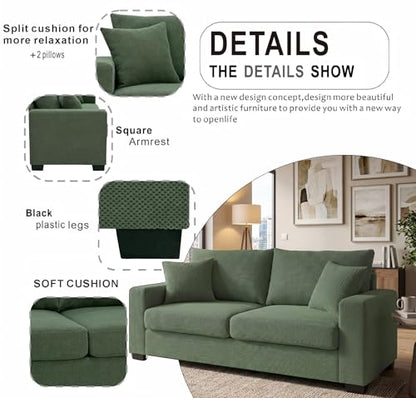 Two-Seater Sofa with Textured Fabric, Dark Green - Comfortable Upholstered Couch with 2 Throw Pillows and Sturdy Plastic Legs for Living Room, Apartment, Office - color: Dark Green