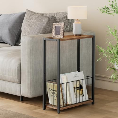 Homleke Narrow Side Table with Magazine Holder, Skinny End Table | Space-Saving Design, Small Spaces, Storage Shelf, Metal Frame, Easy Assembly, 7.1" D x 16.9" W x 23.6" H, Rustic Walnut - color: Rustic Walnut - Standard