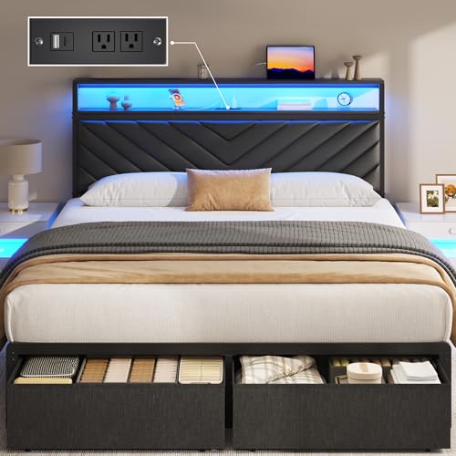 Queen Bed Frame with Upholstered Headboard, 2 Storage Drawers,Easy Assembly | Metal Platform with LED Lights, Charging Station, 2 Storage Shleves, No Box Spring Needed, Noise Free, Black - color: Black, size: Queen