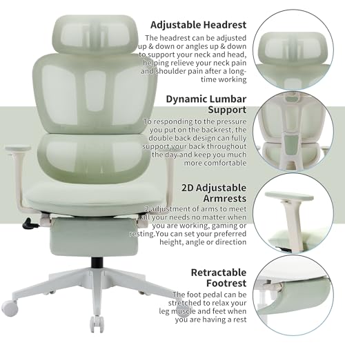 Ergonomic Office Chair with Footrest, 90-135° Reclining High Back Desk Chair with Lumbar Support, 2D Headrest, 2D Armrests, Computer Chair for Long Hours, Green - color: Green