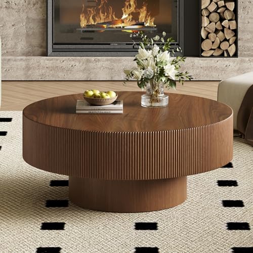 31.5" White Round Coffee Table with 6.8" Thick Tabletop & Sturdy Base, Modern Drum Center Table Circle Accent Side Table for Living Room, Minimalist Fluted Design, Walnut - color: 31.5" Round Style 1, Walnut