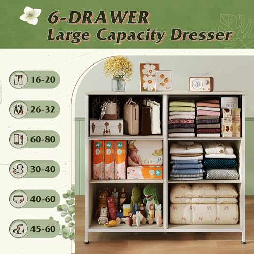WLIVE Dresser for Bedroom with 6 Drawers, Light Grey | Closet Dresser, Metal Frame, Wooden Top, Fabric Dresser for Closet, Living Room, Hallway - color: Light Grey