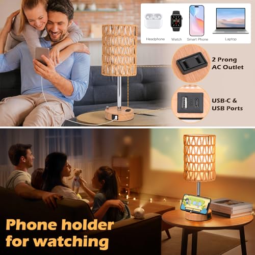 Rattan Table Lamps for Living Room, 3 Way Dimmable Touch Lamps, Small Bedside Lamps with LED Bulbs, Phone Stand, USB Ports and AC Outlet, Boho Nightstand Lamp for Bedroom Office (2 Pack Faux Wood) - size: 2 Pack Faux Wood