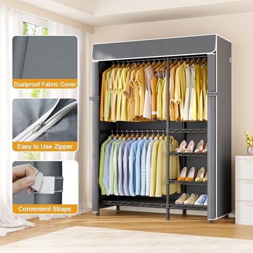 F2C Clothes Rack with Cover, Gray Covered Clothing Racks | Heavy Duty Garment Rack with Shelves and Hanger Rods, Portable Closet System, 47.2"W x 16.5"D x 78.3"H, Load 630lbs - color: Black Closet with Gray Cover
