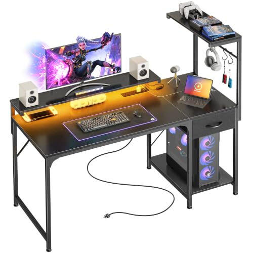 47.2 Inch Gaming Desk with LED Lights & Power Outlets | Computer Desk with Drawer & Storage Shelves, Office Writing Desk with Monitor Stand for Work from Home, Black - color: Black, size: 47.2 Inch