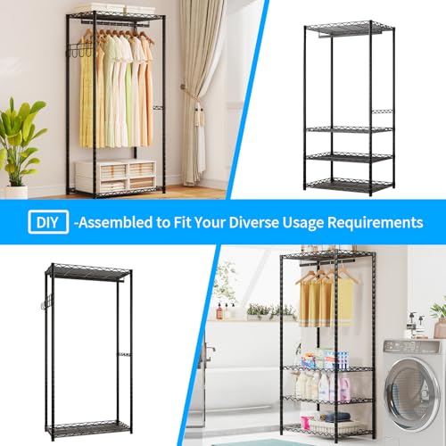 ecobedding Heavy Duty Garment Rack, 900LBS Max Load Freestanding Closet Organizer with 6 Storage Shelves & 3 Adjustable Hanging Rods, Multifunctional (Black, 15.75" D x (69.7~88.2)" W x 79.5" H)