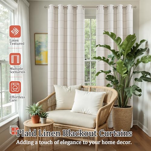 Linen Blackout Curtains for Living Room - Boho Plaid Pattern Thermal Insulated Grommet Cottage Core Window Treatments Rustic Drapes for Farmhouse, 52x84 Inch 2 Panels, Natural - color: Natural, size: 52"W x 84"L (Pack of 2)