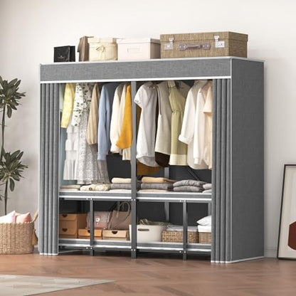 71" Heavy Duty Clothes Rack with Cover, 71" × 20.5" × 69" Portable Wardrobe Closet with Hanging Rod & Storage Shelf, Black Metal Garment Rack, 95% Pre-Assembled - size: 71"*20.5"*69"