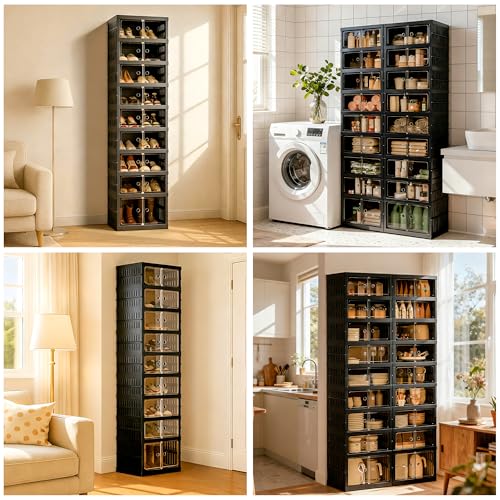 Foldable Shoe Organizer Storage Box, Portable Extra Large Folding Shoe Rack for Closet, Shoe Storage Box with Magnetic Transparent Door and Wheels, 9 Layers 18 Grids with 2 Big Grids - size: Black 9 Layers-B