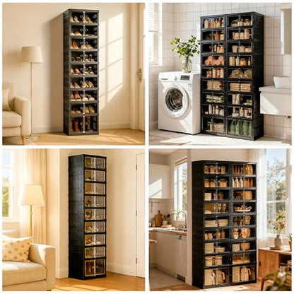Foldable Shoe Organizer Storage Box, Portable Extra Large Folding Shoe Rack for Closet, Shoe Storage Box with Magnetic Transparent Door and Wheels, 9 Layers 18 Grids with 2 Big Grids - size: Black 9 Layers-B
