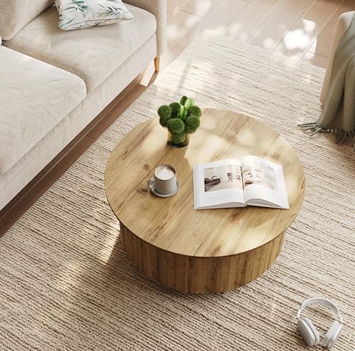 kepptory Round Lift Top Coffee Table with LED Lights, Mid Century Modern Wooden Coffee Tables with 3 Storage Space, Circle Center Table for Living Rooms,Dining Room,Bedroom Home Office,APP LED Lights - color: Natual