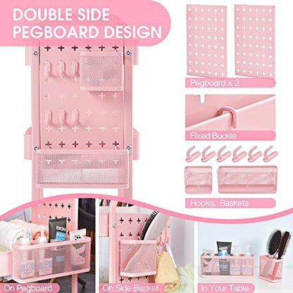 TOOLF 3-Tier Rolling Cart, Metal Utility Storage Cart with DIY Pegboards, Art Craft Trolley with Baskets Hooks, Organizer Serving Cart Easy Assemble for Office, Home, Kitchen, Classroom (Pink) - color: Pink