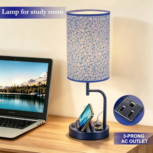 Dreamholder 2 Pack Table Lamp, Bedside Lamp with 3 USB Charging Ports & AC Outlet, USB Desk Lamp with 2 Phone Holders, Linen Fabric Shade Nightstand Lamps for Bedroom Living Room Office, Blue - color: Blue