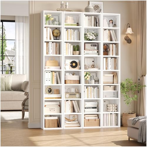 FOTOSOK 2 Pcs 71'' Tall Narrow Bookshelf, 8-Tier Media Tower Rack Set of 2 | CD DVD Storage Cabinet with Adjustable Shelves, Tall Narrow Bookcase Skinny Display Bookshelf Slim Shelf, White - color: White