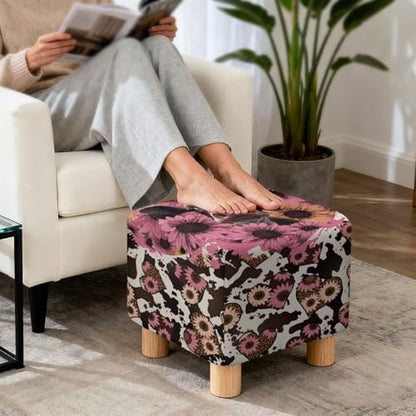 Pink Cow Daisy Print Stretch Ottoman Cover Square Fit 13x13x15 inch Easy to Install Footrest Sofa Slipcovers Stool Cover Footstool Protector Covers - color: Pink Cow Daisy