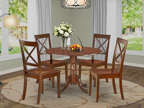 East West Furniture DLBO5-MAH-W 5 Piece Dining Room Table Set Includes a Round Dining Table with Dropleaf and 4 Wood Seat Chairs, 42x42 Inch, Mahogany - color: Mahogany, size: Table + 4 Chairs