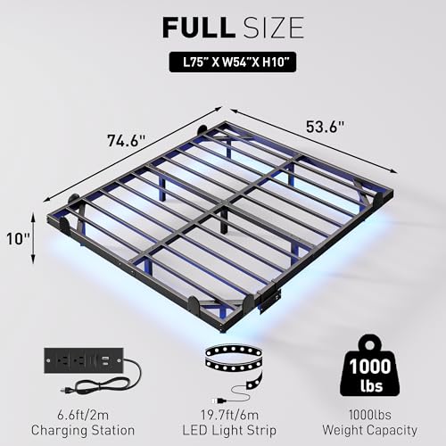 qimamo 10 Inch Floating Full Bed Frame with Smart LED Lights and Charging Station, Modern Metal Full Bed Frame, Easy to Assemble, No Box Spring Needed - size: Full (U.S. Standard), style: Floating Look 10"