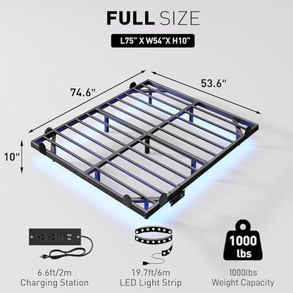 qimamo 10 Inch Floating Full Bed Frame with Smart LED Lights and Charging Station, Modern Metal Full Bed Frame, Easy to Assemble, No Box Spring Needed - size: Full (U.S. Standard), style: Floating Look 10"