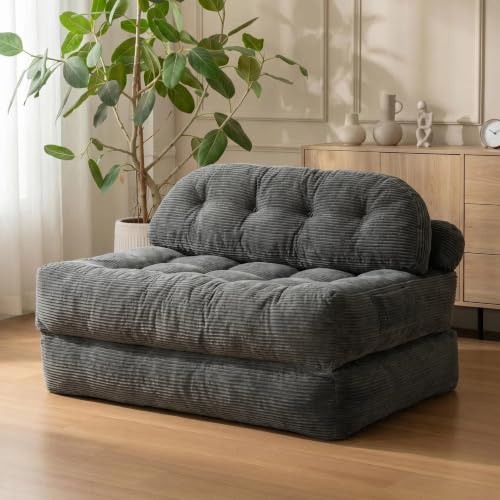 Convertible Corduroy Floor Sofa, 3-in-1 Folding Lazy Sofa Bed with Adjustable Backrest, Soft Bean Bag Chair Lounger for Living Room, Bedroom, Guest Room, Oversized Sleeper Chair - color: Grey, size: Full