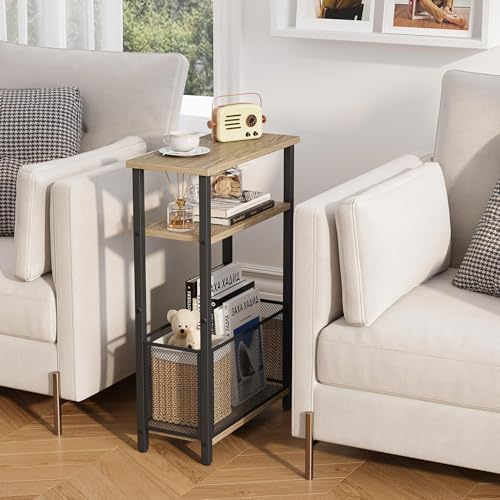 MMEOLUOOK Narrow Side Table with Storage Basket Skinny End Tables for Smalls Spaces 3 Tier Sofa Table Small Nightstand Slim Bedside Table for Living Room Bedroom Greige MLBZ22GR - color: Greige