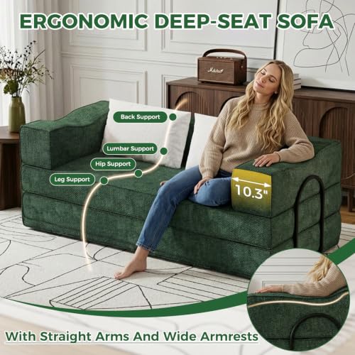 80" King Size Convertible Folding Sofa Bed, Loveseat for Small Spaces | Futon Couch with Memory Foam & 2 Pillows, Chenille Fabric, Apartment, Sleeper Sofa for Living Room, Studio (Green, 80in)