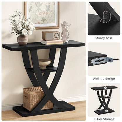 FAVOOSTY Entryway Table, 3 Tier Hallway Table, Console Tables for Living Room, Narrow Entrance Table with Storage, Sofa Table Behind Counch, Accent Table for Entry Foyer, Black - color: Black