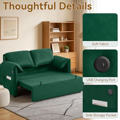 63" 3-in-1 Velvet Convertible Sleeper Sofa Bed, Modern Adjustable Backrest Loveseat Pull Out Couch with USB & Side Pocket, Small Space Love Seat Sofa Bed for Living Room, Bedroom, Green Velvet - color: Green