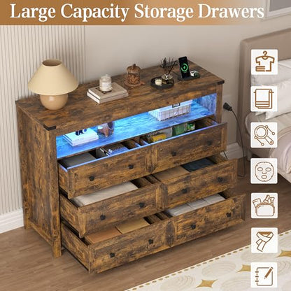 Brown Dresser 6 Drawer Dressers for Bedroom with LED Lights, Charging Station, Wood Chest of Drawers with Metal Handles, Modern TV Stand Storage Cabinet for Living Room, Hallway, Entryway - color: Brown, style: LED 6 Drawers