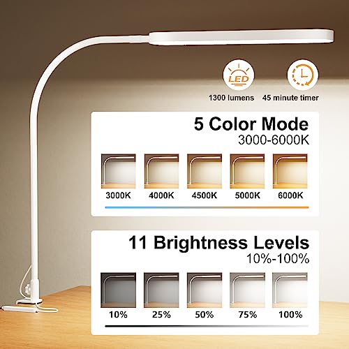 Led Desk Lamp - 33.5" Desk Light - Flexible Gooseneck - 5 Color Modes X 11 Brightness Levels - 1300LM - Timmer & Memory Function - 12W Clip on Light - White - style: White gooseneck
