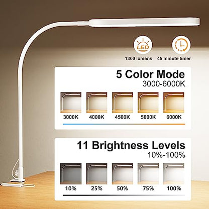 Led Desk Lamp - 33.5" Desk Light - Flexible Gooseneck - 5 Color Modes X 11 Brightness Levels - 1300LM - Timmer & Memory Function - 12W Clip on Light - White - style: White gooseneck