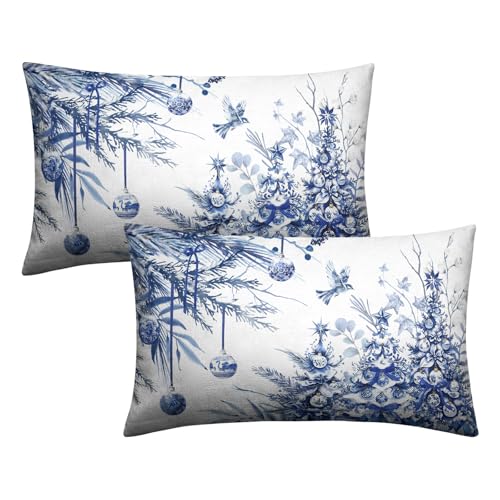 Blue Christmas Lumbar Pillow Covers 12x20 Set of 2 Christmas Xmas Tree Bird Ball Decorative Outdoor Throw Pillow Cases Winter Farmhouse Rectangle Pillowcase for Home Couch Sofa - color: Blue Christmas Tree, size: 20" x 12" (Pack of 2)