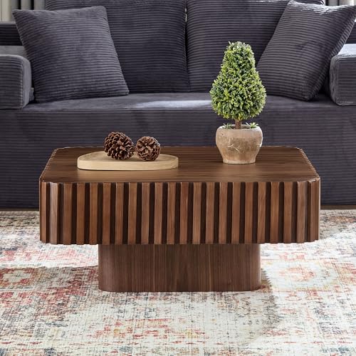 JUSTONE 35-inch Mid-Century Modern Drum Coffee Table, Handcrafted Wood Round Center Table for Living Room, Home Office, Walnut - color: 35.43'' - Walnut-1