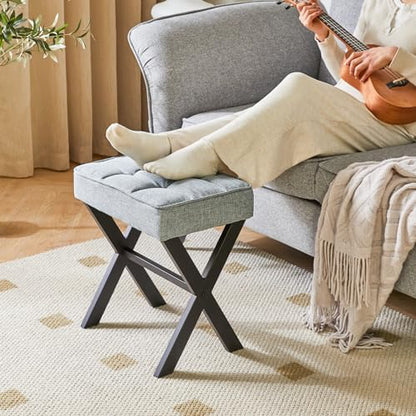 IBUYKE Square Makeup Stool with X-Leg, Linen Vanity Chair, Blue Gray LG-70L | Footrest Ottoman Seat Multi-Use Small Side Table Bedroom Living Room - color: Blue Grey, size: 17.72"-Linen