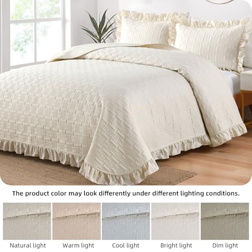 DJY Queen Size Quilt Sets, Lightweight Ruffled Bedding Sets, Beige | Soft Basket Weave Quilted Blanket, Summer Quilt Bed Cover for All Season - 3 Piece (1 Quilt, 2 Pillow Shams) - color: Cream, size: Queen