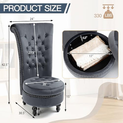 AVAWING High Back Velvet Tufted Throne Chairs with Storage Set of 2, Grey | Tufted Nailhead Design; Hidden Storage; Soft Velvet; Sturdy Wood Legs 330Lbs; High Density Foam; Ergonomic Back - color: Grey