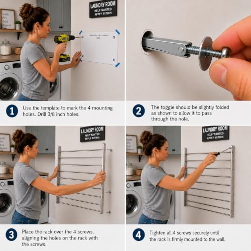 | Wall Mounted | Clothes Drying Rack | 30" Wide | 20 Linear Feet Capacity | 8 Smooth Round Stainless Steel Rods | 60 lb Capacity | Fully Assembled | Compact Sturdy Space-Saving Design - size: 30 inches