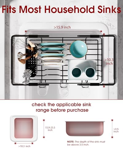 Sakugi Dish Drying Rack in Sink - Expandable Stainless Steel Dish Rack Over the Sink, Kitchen Sink Drain Strainer with Cutlery Holder & Cup Holders, 15.4 x 9.8 x 3.0 Inch, Black - color: Black, size: Standard - 15.4" × 9.8" × 3"