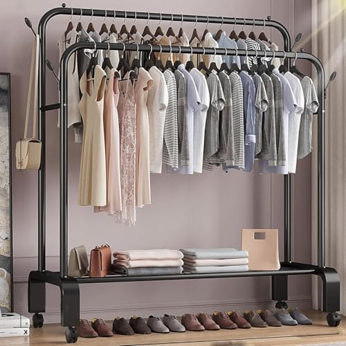 Double-Rod Garment Rack with Wheels, Clothing Rack for Hanging Clothes,4 Hooks, Multi-functional Bedroom Clothes Rack, Black