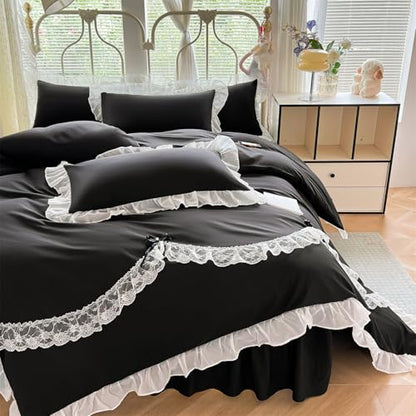 MOOWOO Lace Ruffled Bedding Setwith Cute Bowtie-3PC(1 Full Duvet Cover 80x90 Inch, 2 Pillowcases) Aesthetic, Black Goth Bedding for All Season - color: Black, size: Full