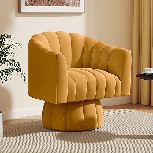 Dewhut Swivel Accent Chair, Barrel Accent Chair, Velvet, Mustard | Velvet Upholstered Round Arm Chair with 360° Swivel Base, Mid Century Modern Living Room Chair, Easy Setup - color: Mustard