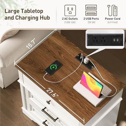 29.5" Tall Nightstand with Charging Station, 3 Drawer Farmhouse Night Stand, 27.6" Wide End Table with Storage, Large Bedside Table for Bedroom Living Room, White and Walnut - color: White and Walnut