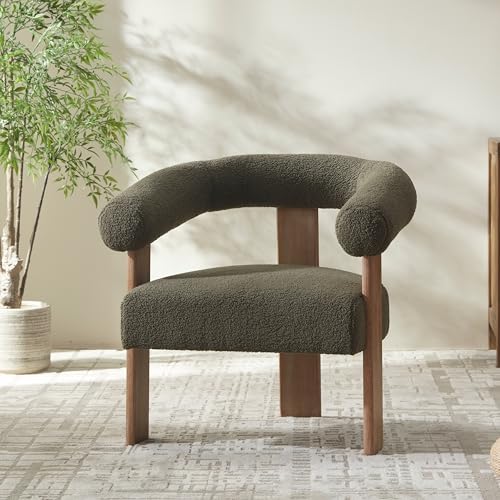 VKNOW Barrel Accent Chair, Vanity Chair with Armrests and Rubberwood Legs | Mid Century Modern Upholstered Living Room Chairs with Open Back, Sherpa Fabric, arm chair for Living Room, Bedroom, Green - color: Green, size: Set of 1