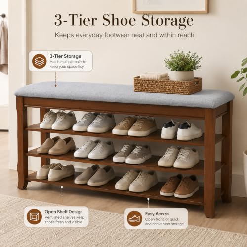SolidWood Entryway Shoe Rack Storage Bench, Flip-Top Soft-Close Lid, 39.4'' | 550 lbs Max Load, Adjustable Shelves, Cushioned Entryway Shoe Organizer for Closet, Hallway, Foyer - size: 39.4"