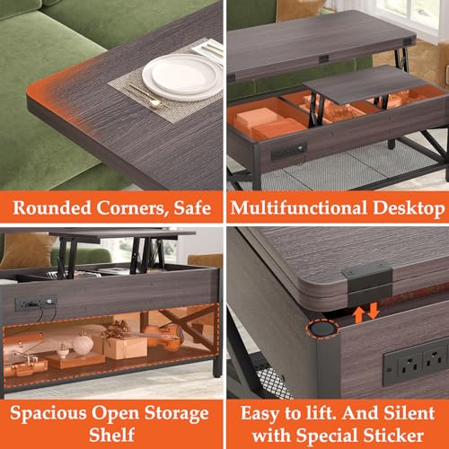 Aheaplus Coffee Table Lift Top Multi-Function Coffee Table Converts to Dining Table, with LED Light and Power Outlet, Center Table with Shelves for Living Room Reception Home Office,-S2, Espresso - color: Espresso