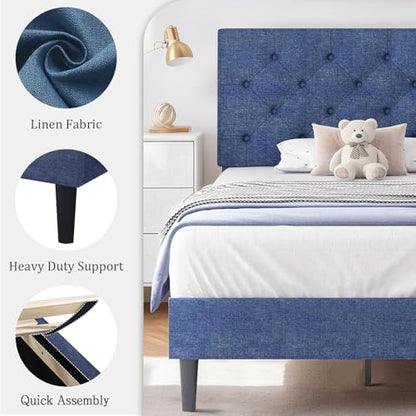 HOMBCK Full Bed Frame with Headboard, Linen Fabric Upholstered Bed Frame Full, Blue Bed Frame with Wood Slats, Button Tufted, No Box Spring Needed, Blue - color: Blue, size: Full