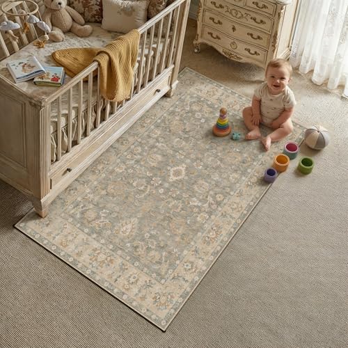 3x5 Brown Neutral Small Area Rug | Washable, Non Slip, Low Pile, Soft, Vintage, Distressed, Floral, Farmhouse, for Entryway Kitchen Bathroom Laundry Room - color: Brown, size: 3' x 5' (Rectangular)