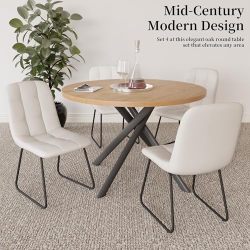 HIPIHOM 45.3 Inch Round Dining Table Set for 4, Mid Century Modern Small Kitchen Coffee Set for Dining Room Kitchen Apartment (Oak Table + 4 U-Shaped White Chairs) - color: Oak Table+4 U-shaped White Chairs